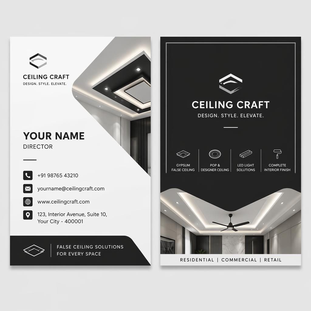 Both sides of a modern monochrome false ceiling visiting card design shown side by side with clean placeholders.