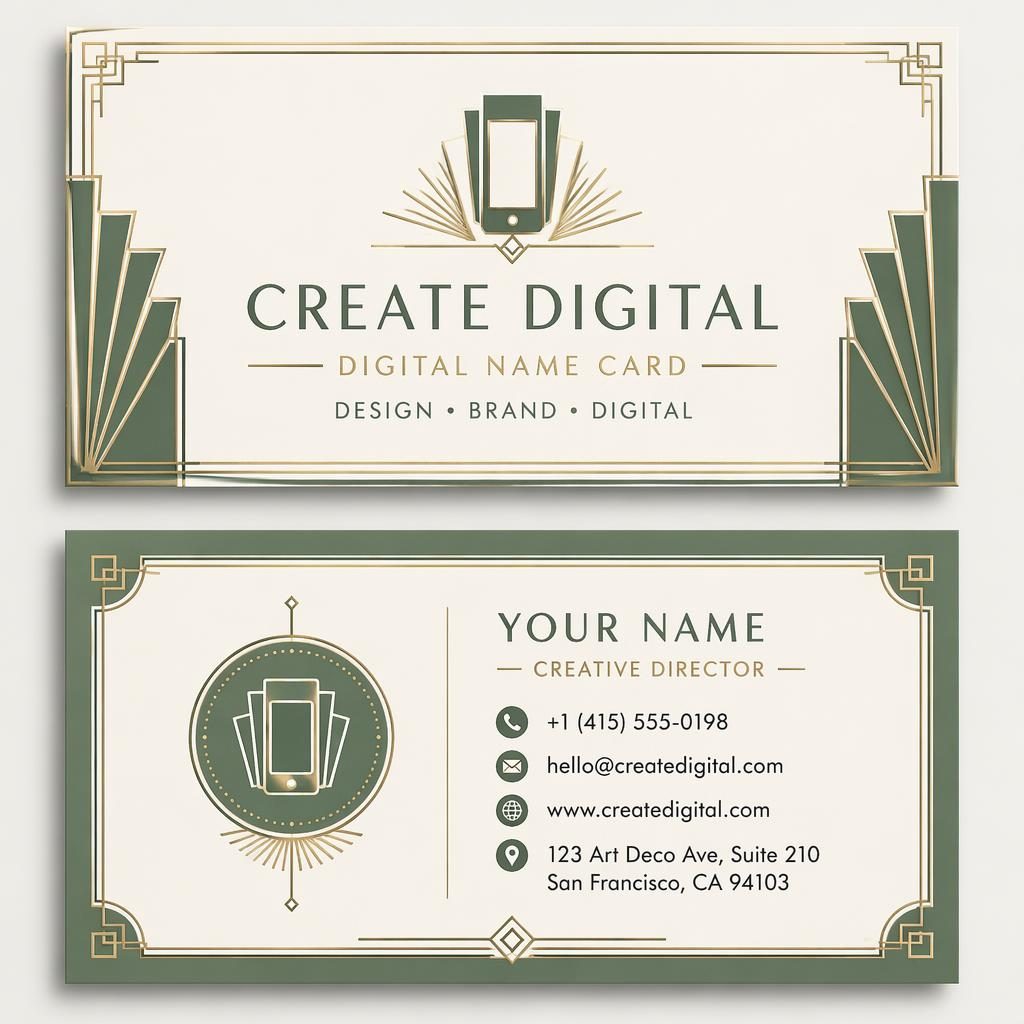 Front and back stacked business card mockup in art deco style with sage and ivory colors and sharp placeholder contact details.