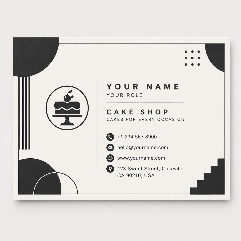 Back view of a monochrome Bauhaus business card for a cake shop with clean placeholder contact details and elegant layout.