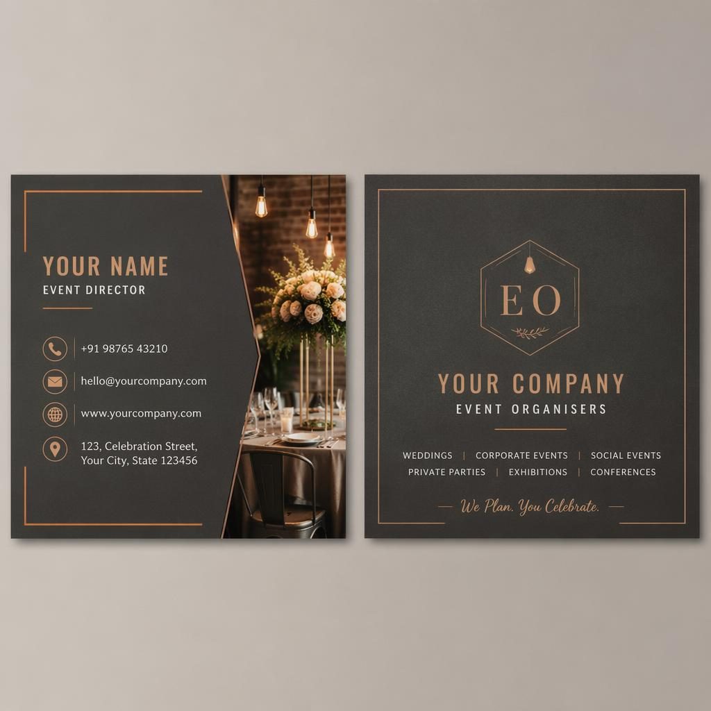 Both sides of a print-ready business card for event organisers shown side by side in a warm boutique industrial gray style.