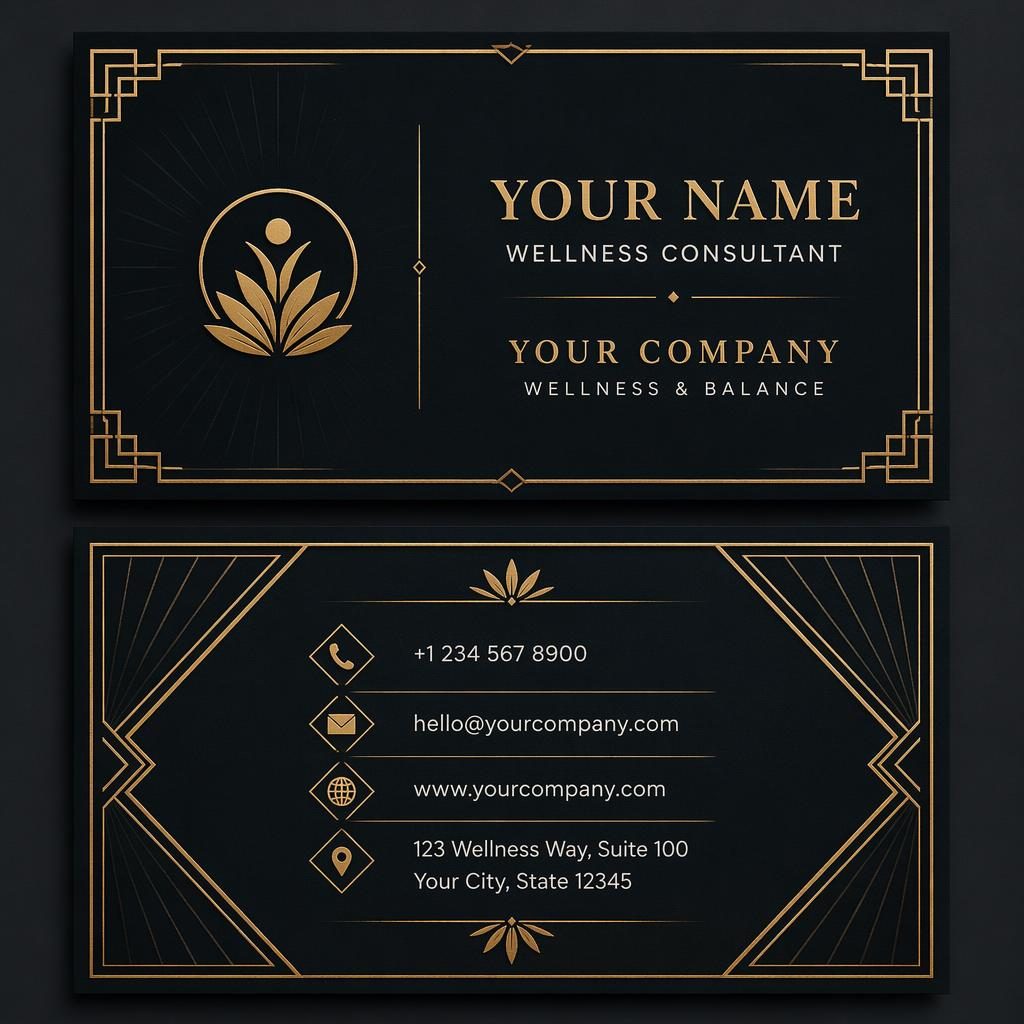 Front and back stacked business card mockup in art deco dark mode with sharp placeholder contact details and balanced layout.