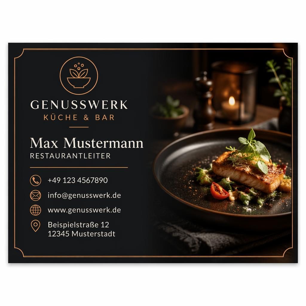 Dunkle, warme Visitenkarte im Boutique-Stil für Food-Restaurant, Vorderseite mit klaren Platzhaltern und lesbarer Typografie.