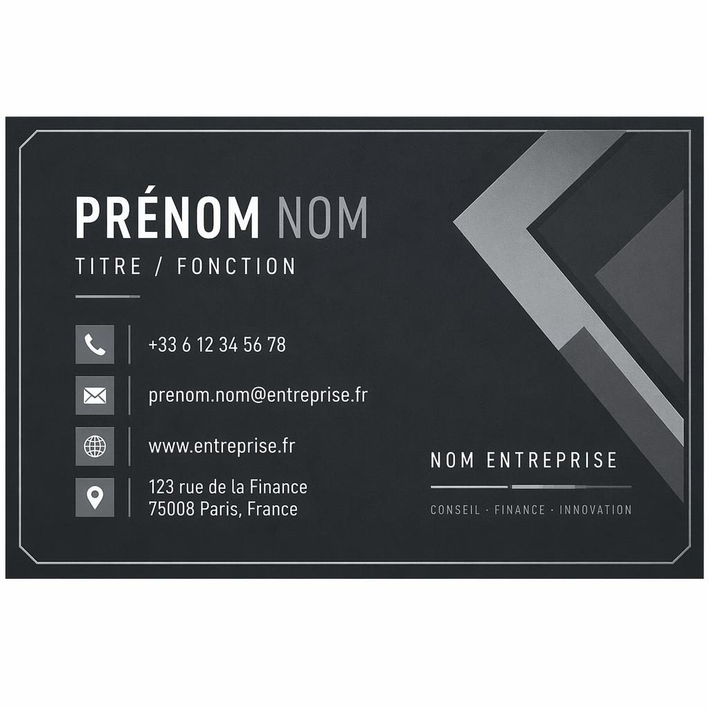 Rendu verso d’une carte de visite fintech grise, typographie nette, mise en page sobre avec zones nom et contact.