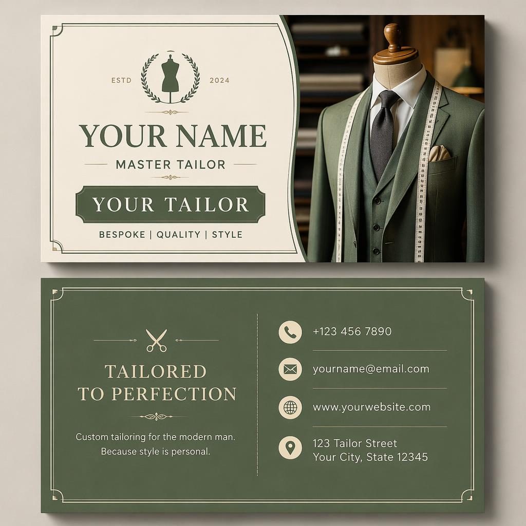 Front and back gents tailor visiting card design stacked in sage and ivory with clean typography and boutique styling