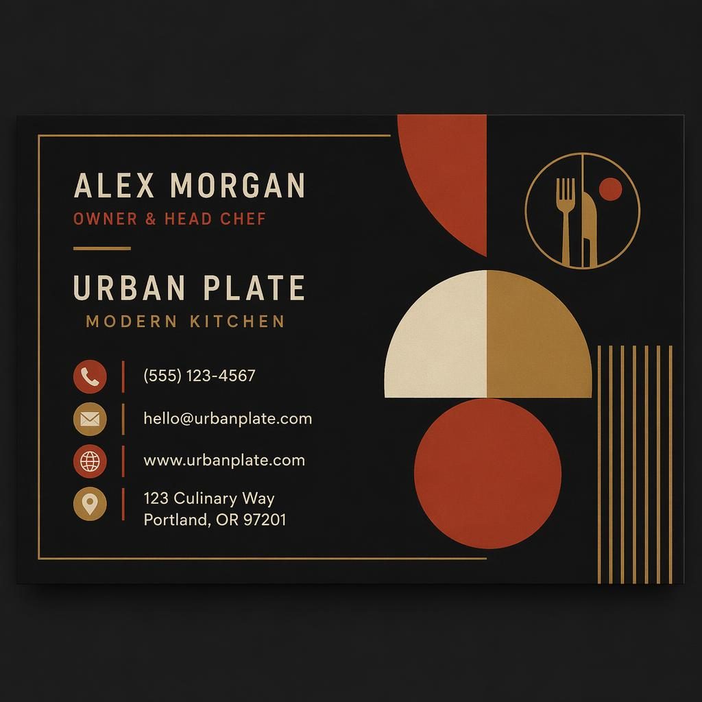 Front view of a Bauhaus-style dark mode restaurant business card design in 3.5x2 format with sharp placeholder contact text.