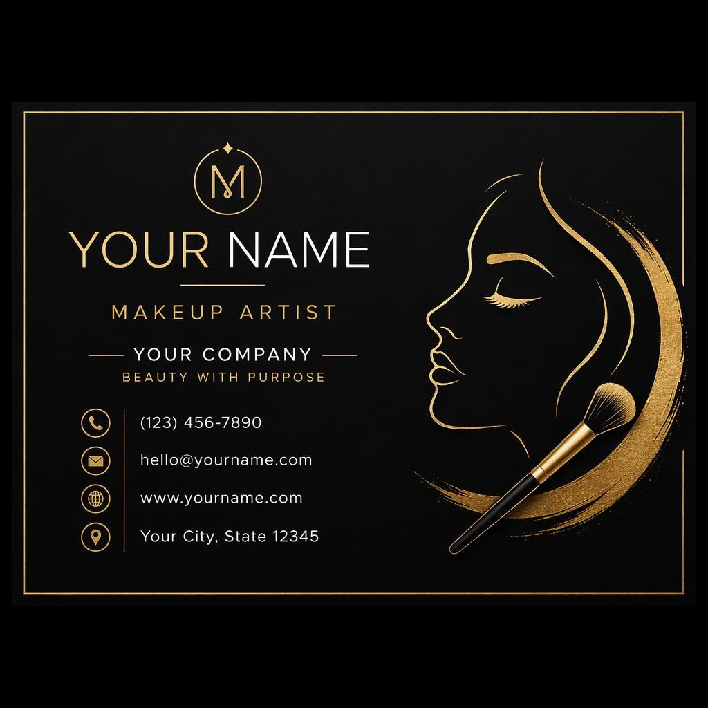 Front render of a modern minimalist black and gold makeup artist business template with clean placeholder contact details