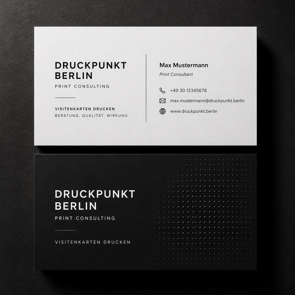 Zwei gestapelte Business Cards, Vorder- und Rückseite, monochrom, mit Platzhaltern und feiner Papierstruktur im Studio.