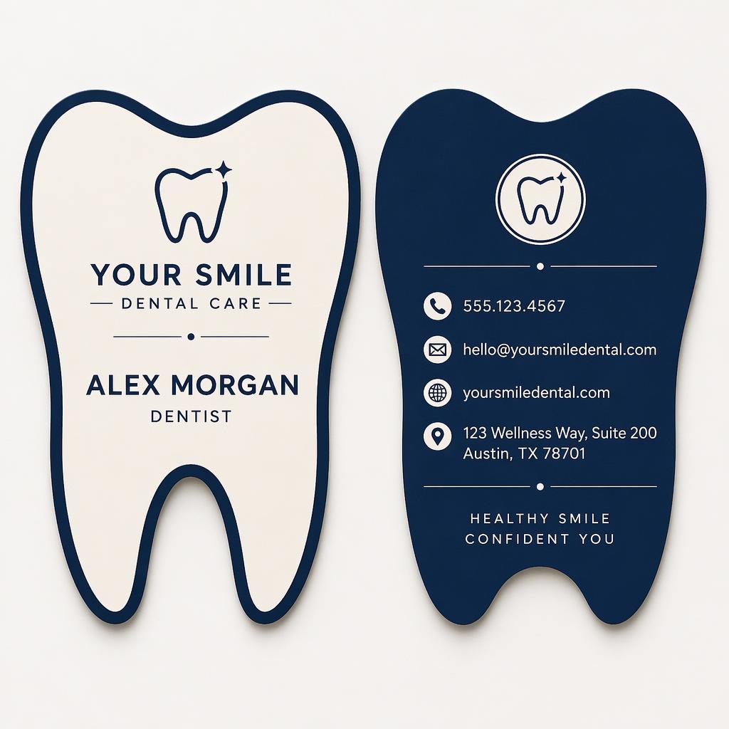 Both sides of a custom shape business card shown side by side in navy and cream with Swiss-style layout and readable placeholders.