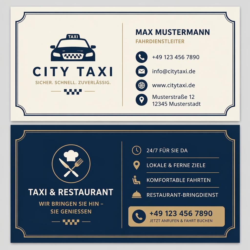 Vorder- und Rückseite einer Taxi-Visitenkarte im Swiss-Stil, navy-creme, mit klarer Typografie und Platzhaltern