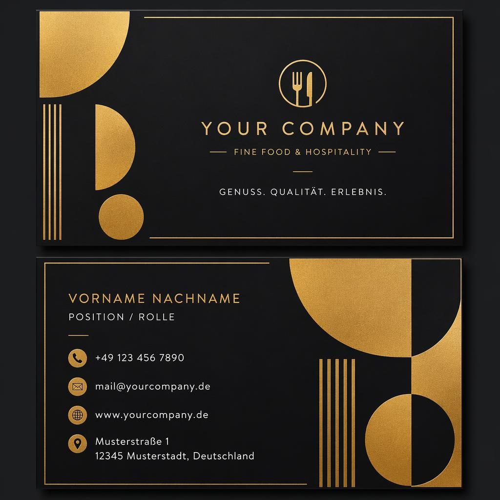 Vorder- und Rückseite einer Bauhaus-Visitenkarte in Schwarz und Gold, gestapelt, mit klarer Platzhalter-Typografie.