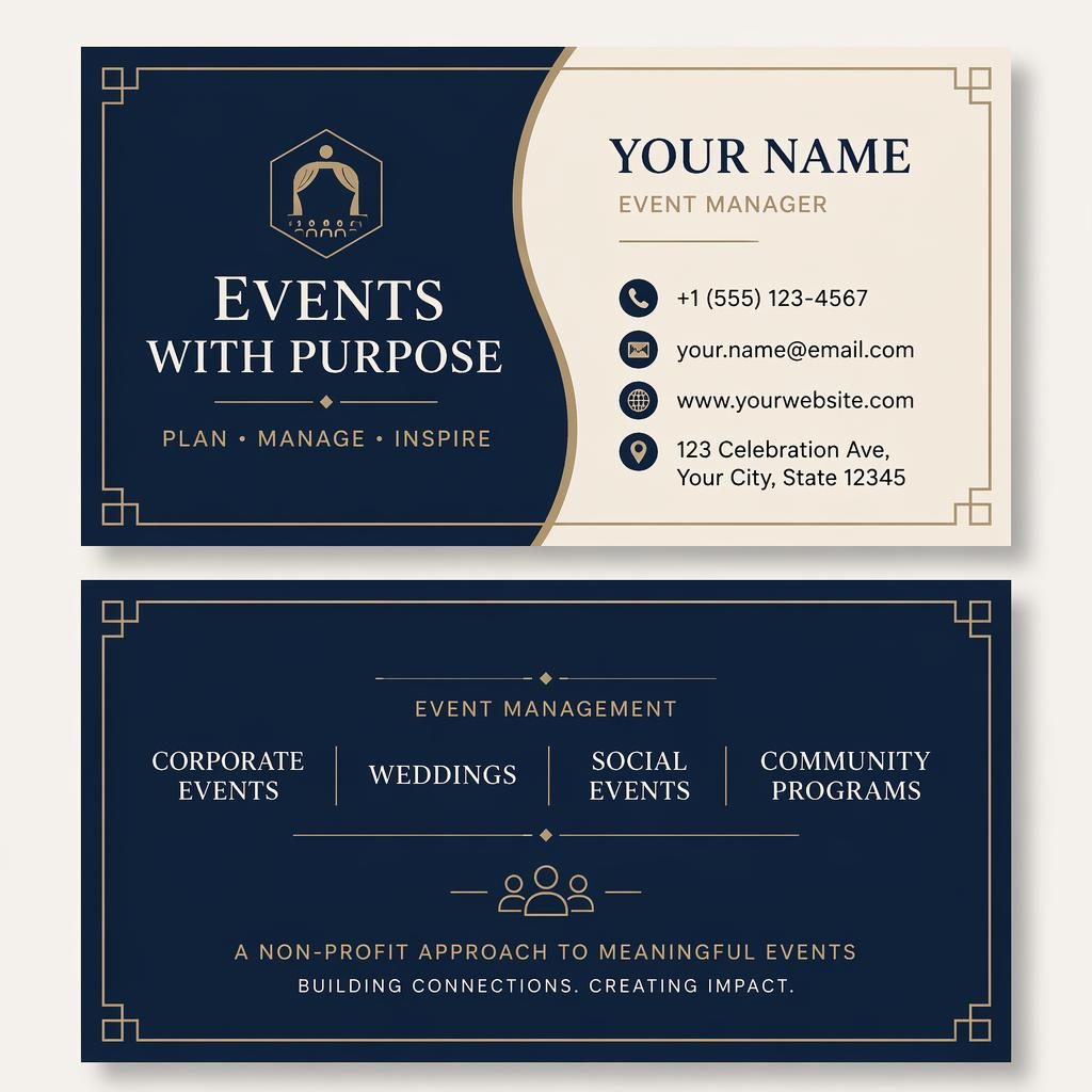 Front and back stacked business card mockup for an event management visiting card design in navy and cream with clean typography.