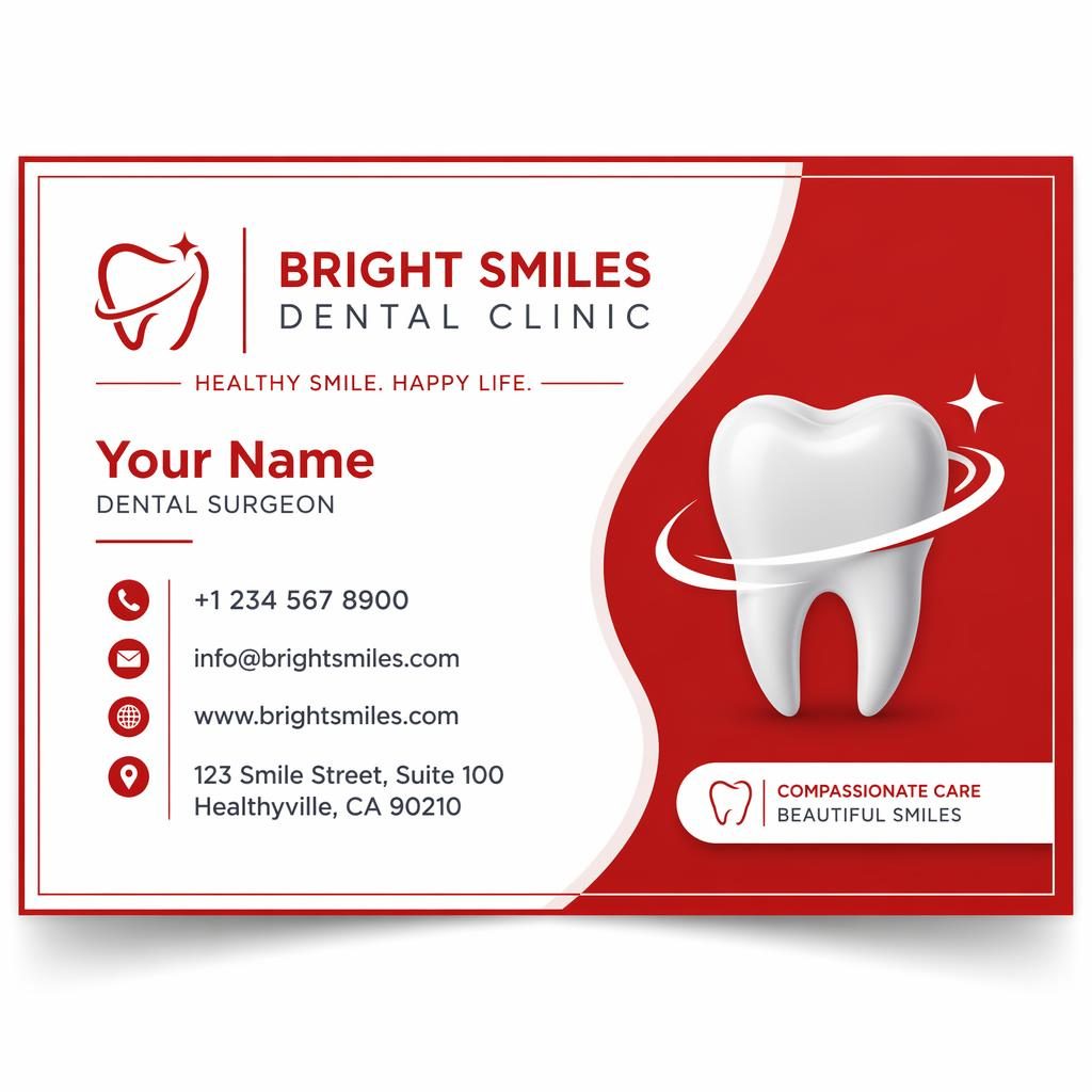 Front render of a dental clinic visiting card design in red and white with clean placeholder contact details.