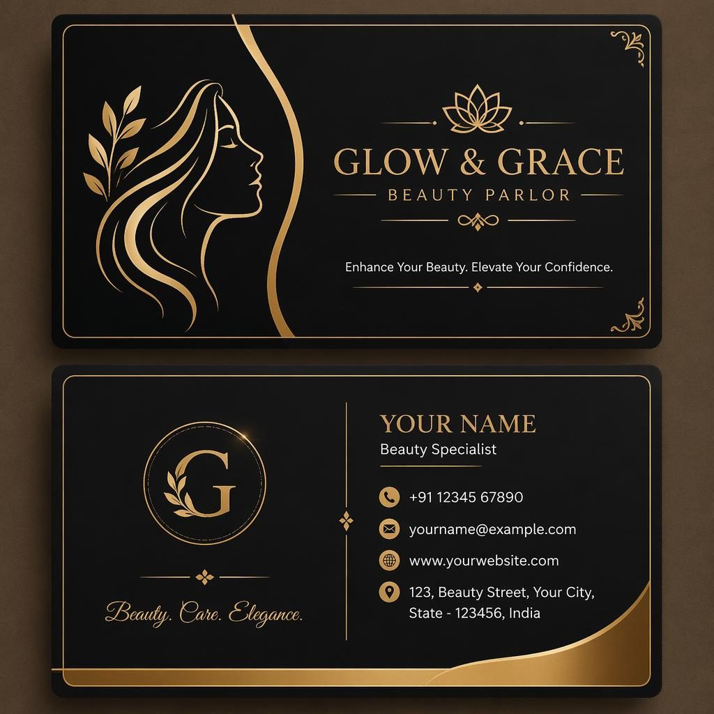 Front and back beauty parlor visiting card design in black and gold, stacked layout with sharp placeholder contact text.
