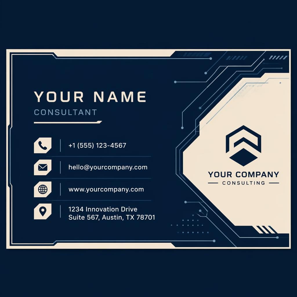Back view of a tech futuristic presentation card in navy and cream with sharp placeholder contact details.