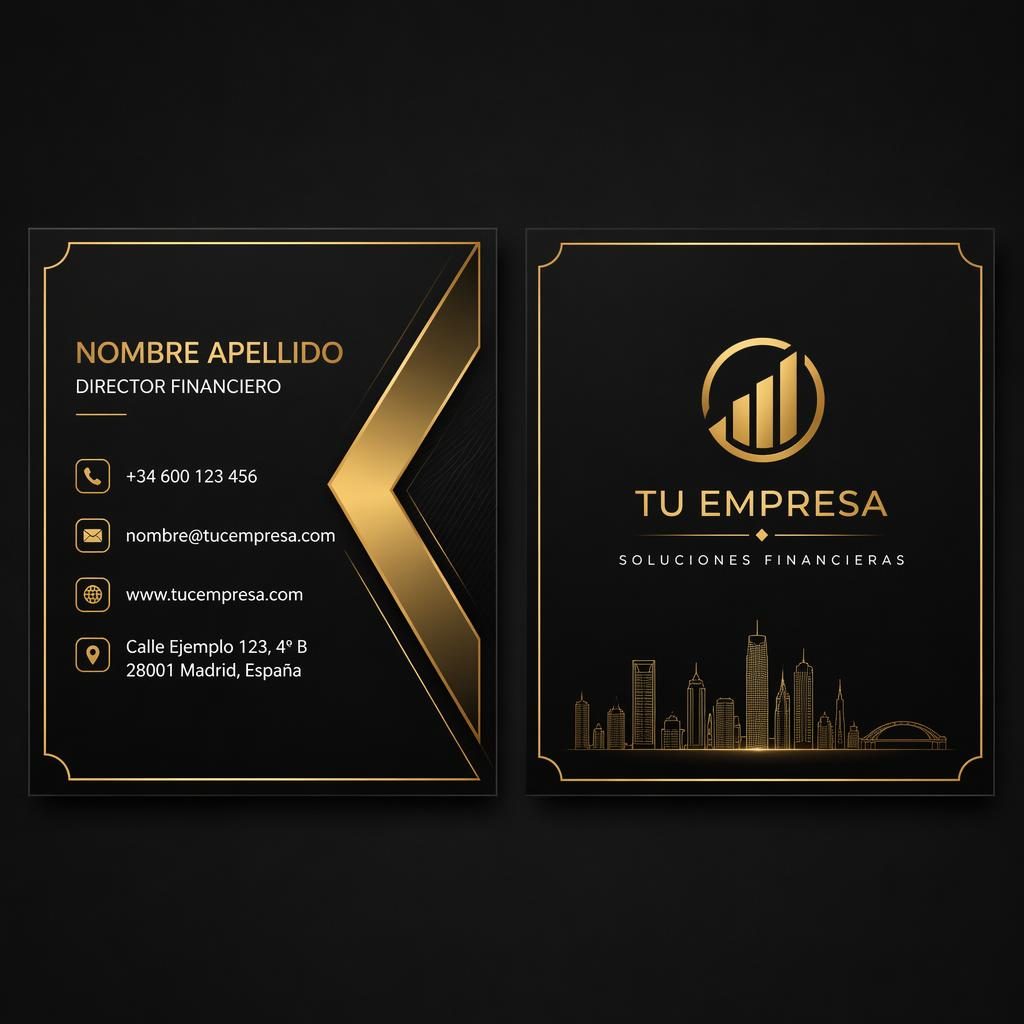 Diseño de tarjeta de presentación empresarial con ambas caras lado a lado, fondo negro y detalles dorados, tipografía nítida.