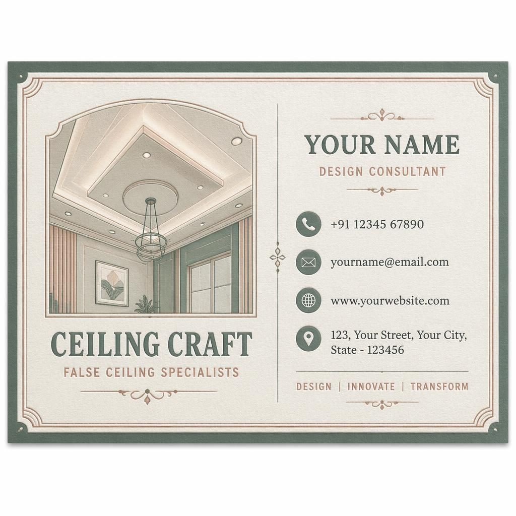 Front view of a vintage letterpress business card mockup for false ceiling visiting card design in a pastel palette.