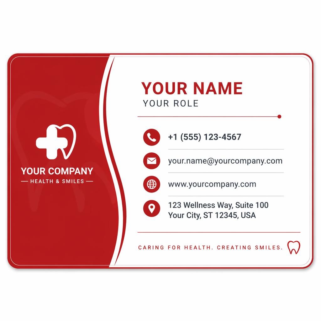 Back view of a print-ready company id card sample in a warm boutique red and white layout with sharp contact placeholders.