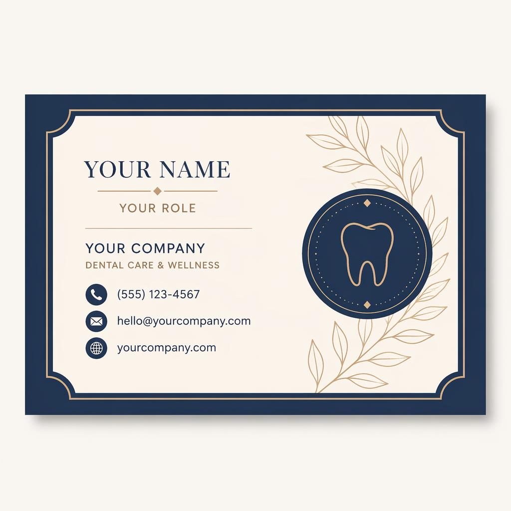 Back render of a medical or dental business card in warm boutique style, navy and cream palette, with sharp placeholder typography.