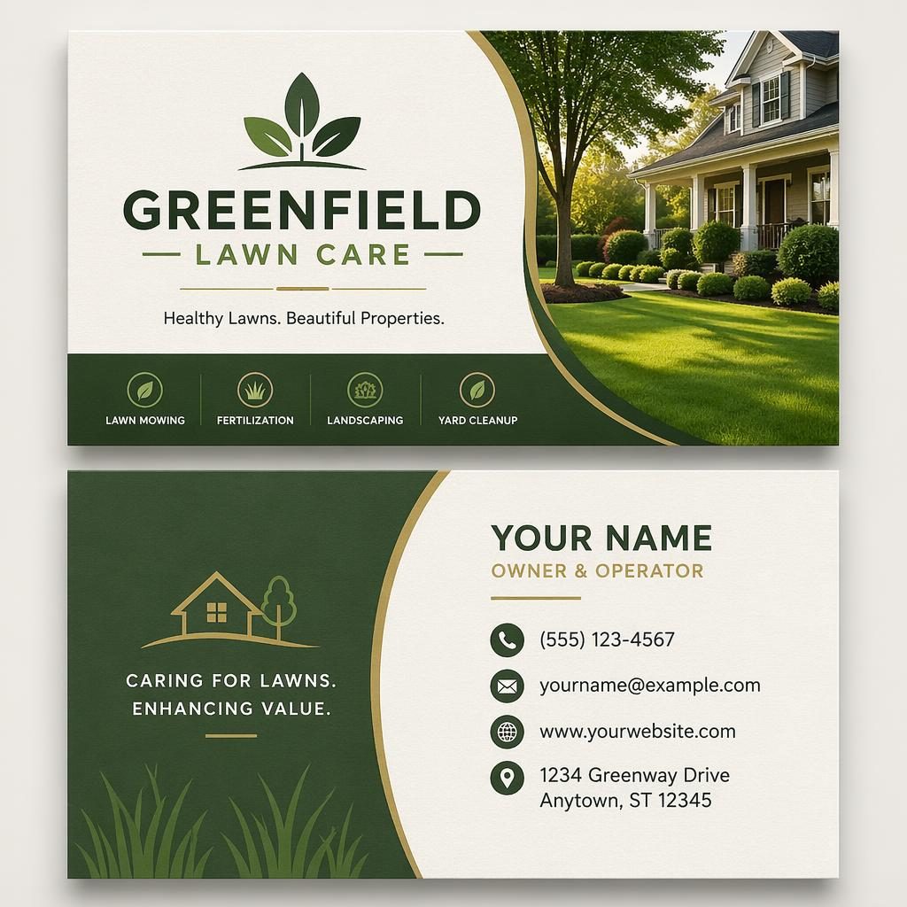 Front and back stacked lawn care business card designs in a modern minimalist warm earth palette with sharp placeholder contact details.