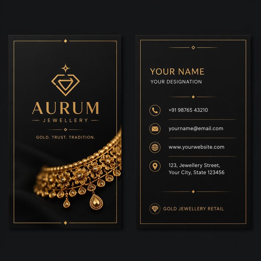 Both sides of a dark mode Swiss-style business card for a gold jewellery brand shown side by side with gold accents.