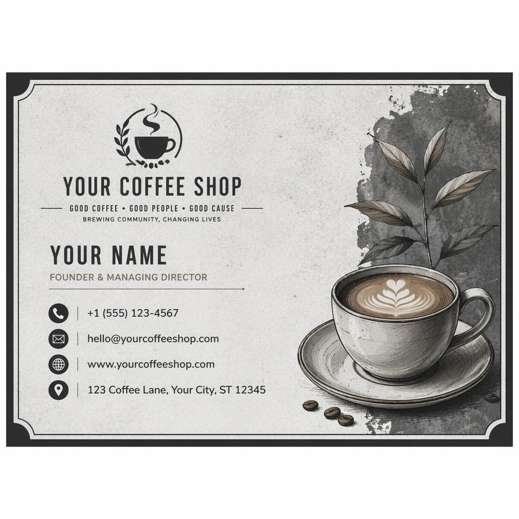 Front view of an illustrated coffee shop visiting card design in an industrial gray palette with clean placeholder contact details.