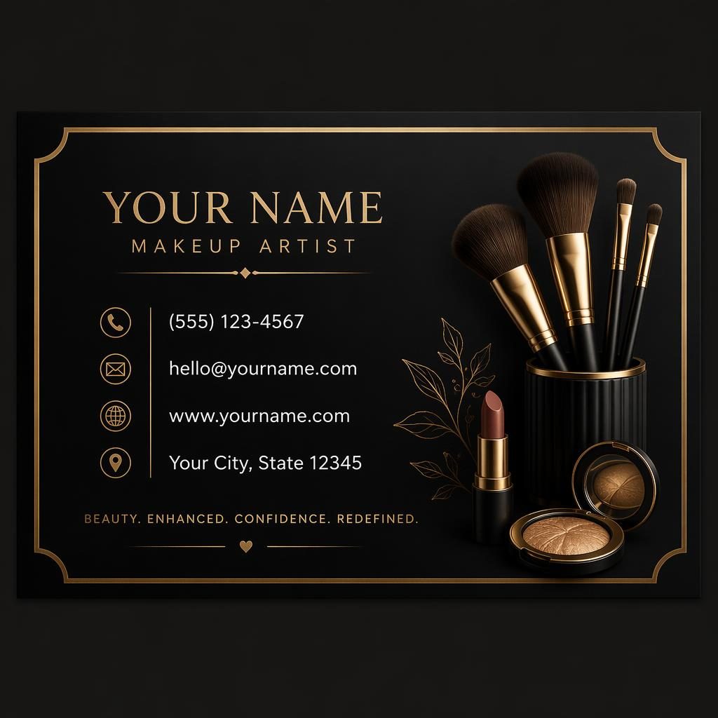 Back view of a makeup artist business template business card in black and gold with placeholder contact details.