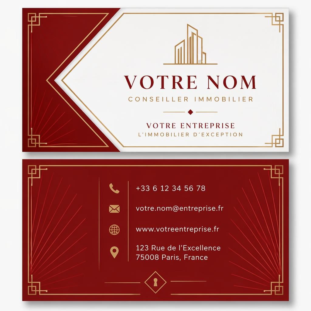 Rendu de carte de visite luxe design immobilier, recto verso empilés, style art déco rouge et blanc.