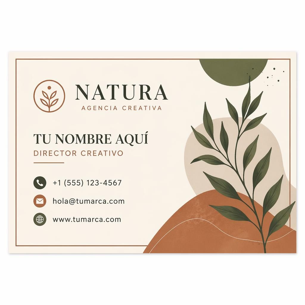 Tarjeta de negocios horizontal con ilustración orgánica en tonos tierra, tipografía nítida y espacios en blanco equilibrados.