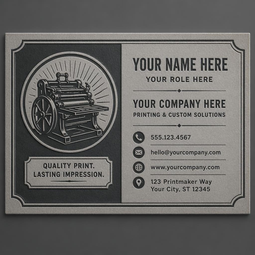 Back view of a vintage letterpress business card in industrial gray with sharp placeholder contact details and clean spacing.