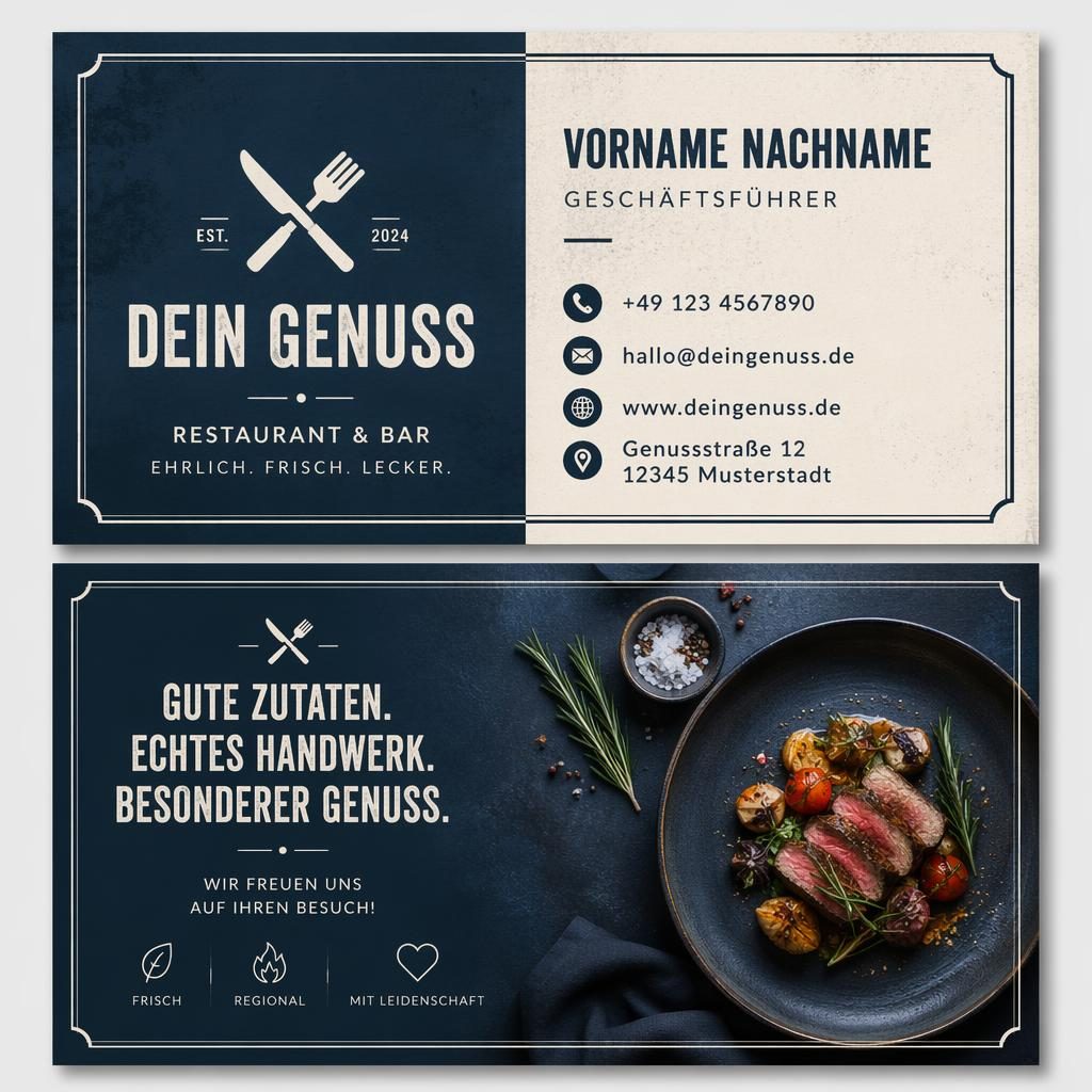 Gestapelte Vorder- und Rückseite einer Restaurant-Visitenkarte in Navy und Creme, industrial Stil, mit klaren Platzhaltern.