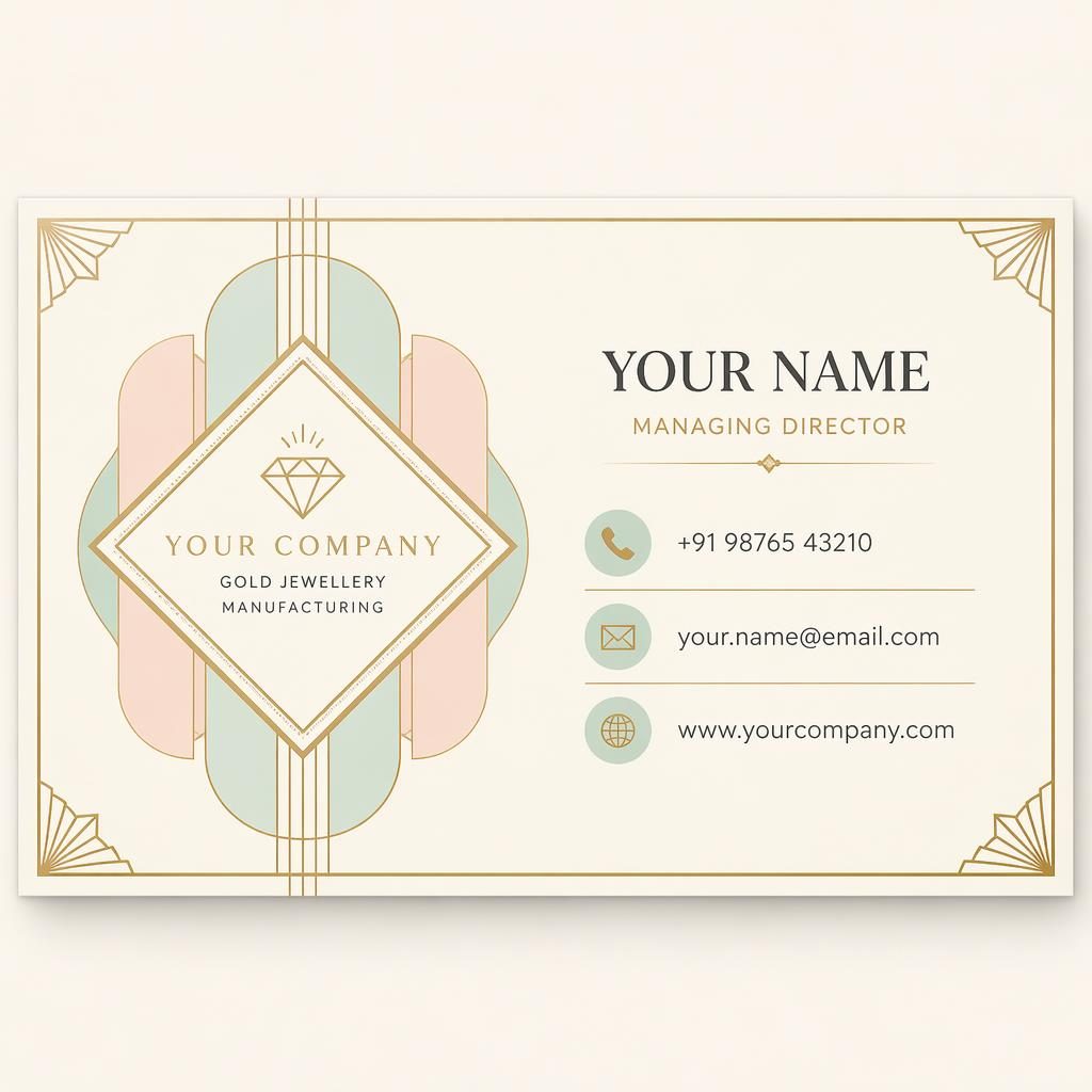 Back render of a gold jewellery visiting card design with art deco details, pastel palette, and sharp placeholder contact text.