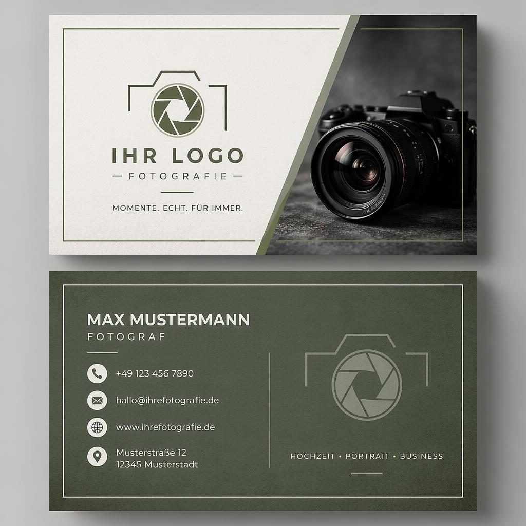 Gestapelte Vorder- und Rückseite einer Visitenkarte in Salbeigrün und Elfenbein mit klarer Typografie und Platzhalter-Logo.