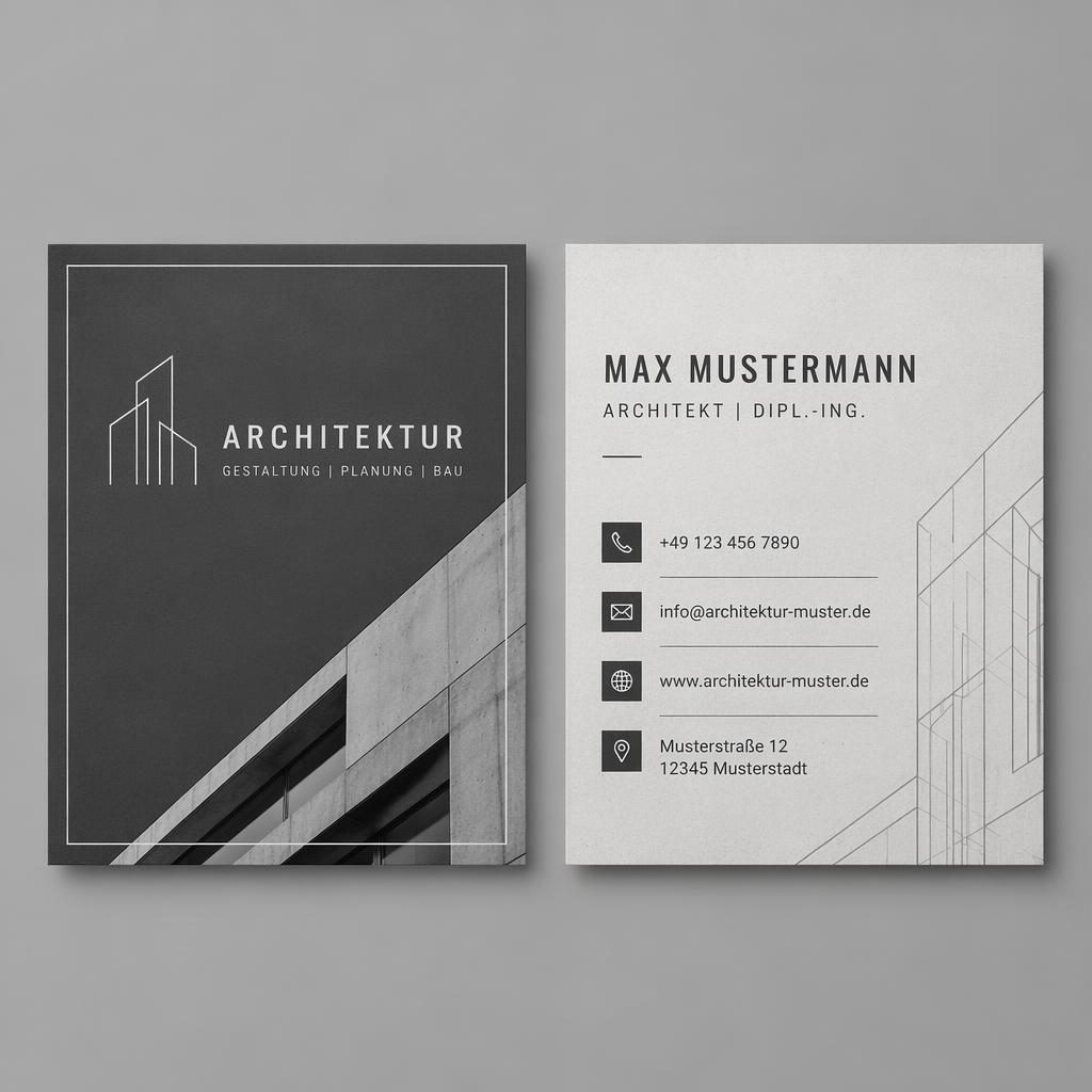 Beidseitiges Visitenkarten Muster für Architektur in Industrie-Grau, mit klarer Typografie und lesbaren Platzhaltern.
