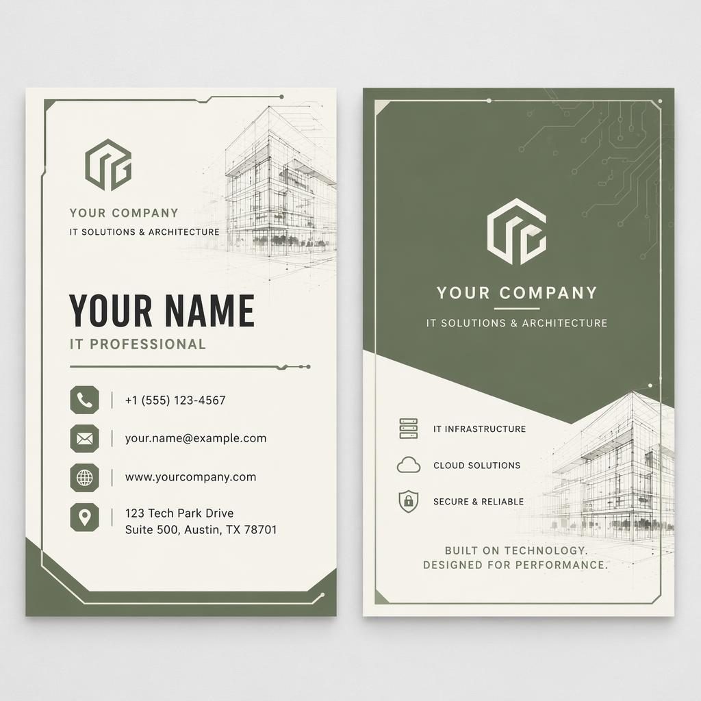 Both sides of an industrial sage and ivory business card for an IT professional shown side by side with sharp placeholder text.