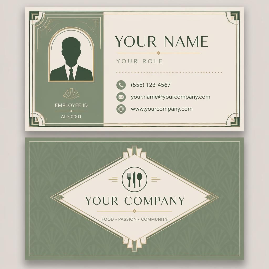 Front and back restaurant business card mockup in art deco style, sage and ivory palette, with readable placeholder contact details.