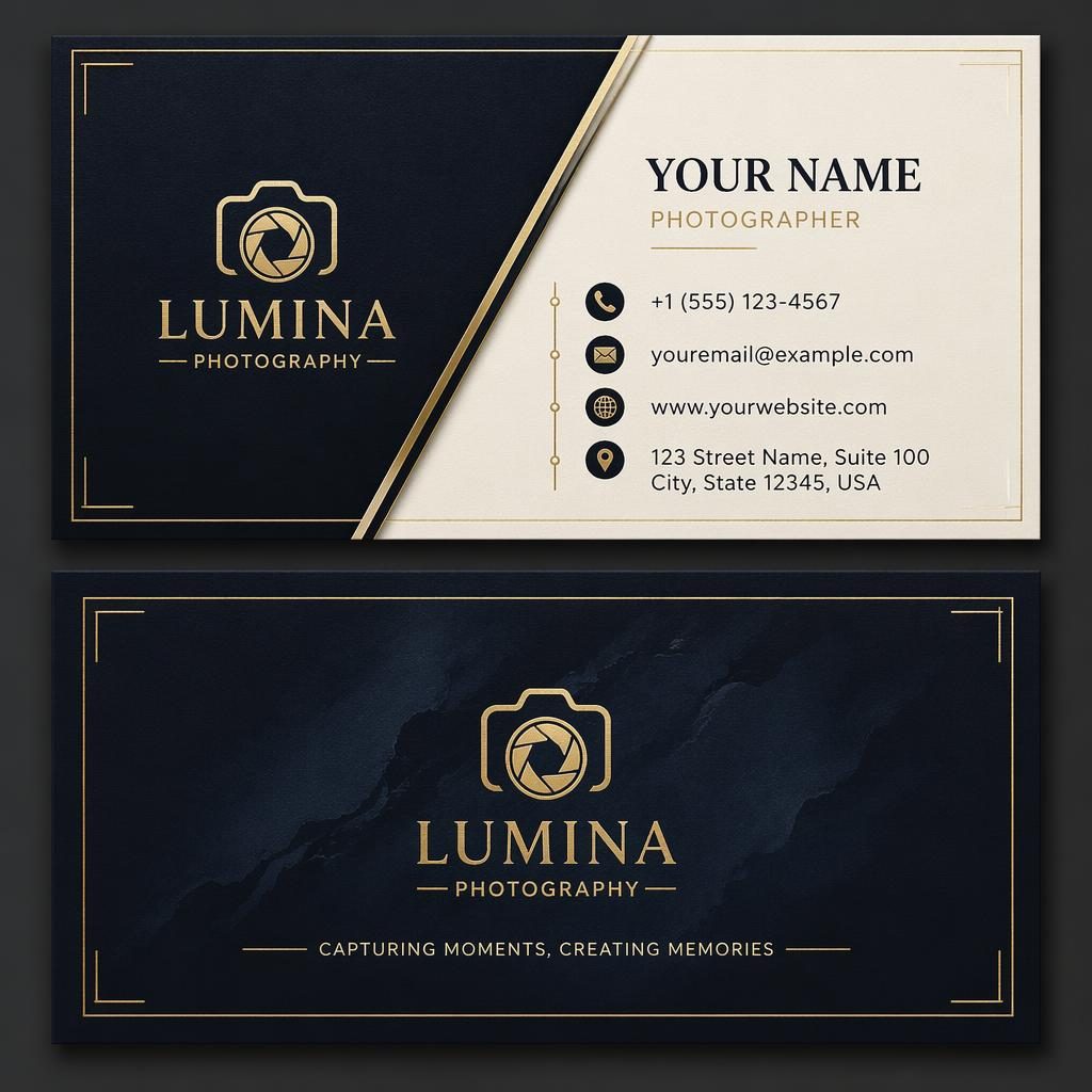 Front and back stacked business card render in black, gold, navy, and cream with clean placeholder contact details.