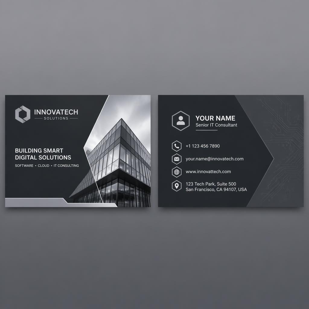 Both sides of an industrial gray IT company visiting card design shown side by side with sharp placeholder contact details.