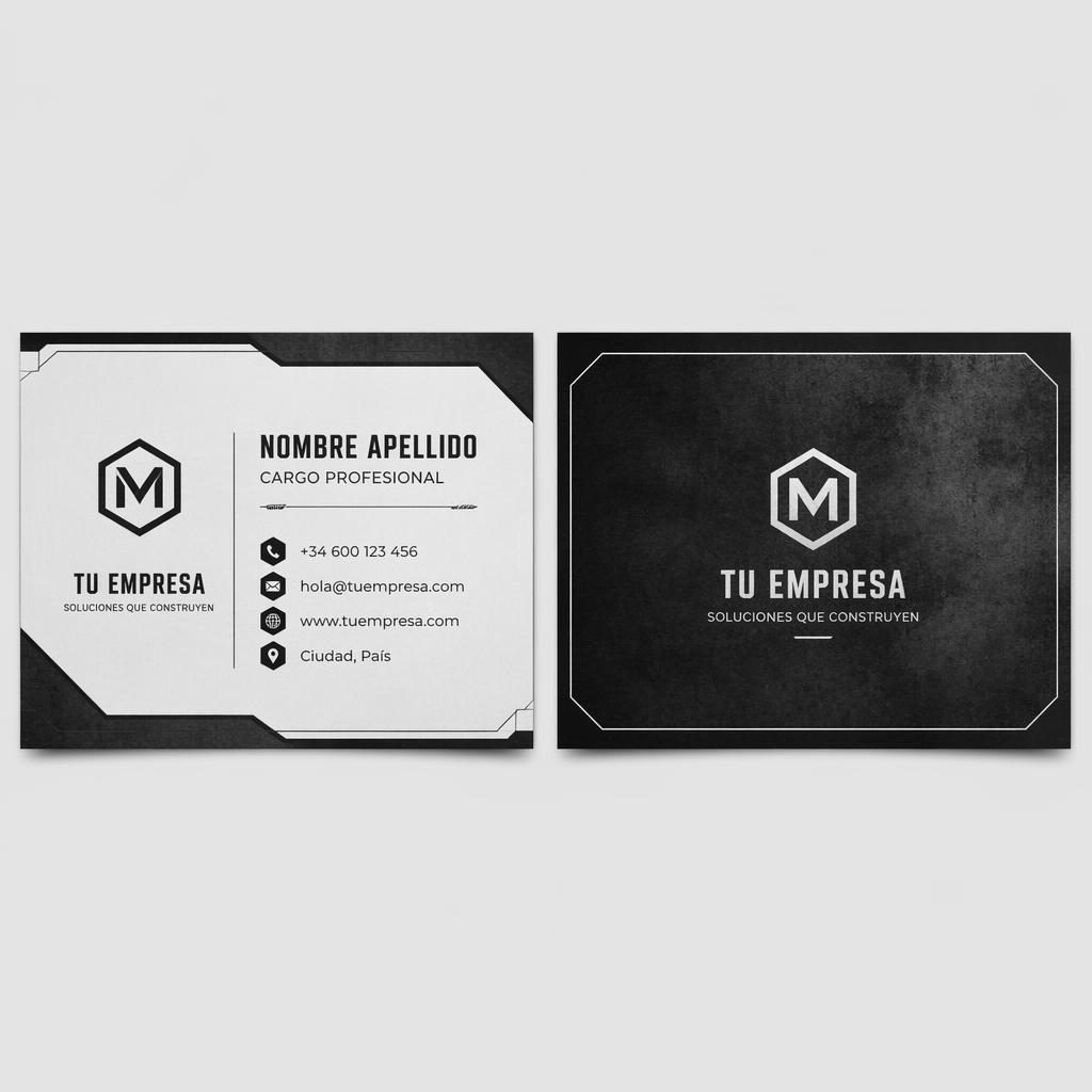 Diseño de tarjeta de presentación empresarial, ambos lados juntos, estilo industrial monocromo y tipografía nítida.