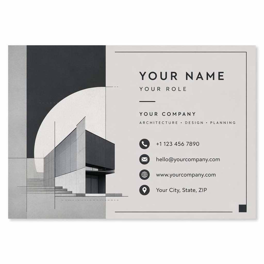 Back of a Bauhaus business card design in industrial gray with sharp placeholder contact details and clean 3.5x2 layout.