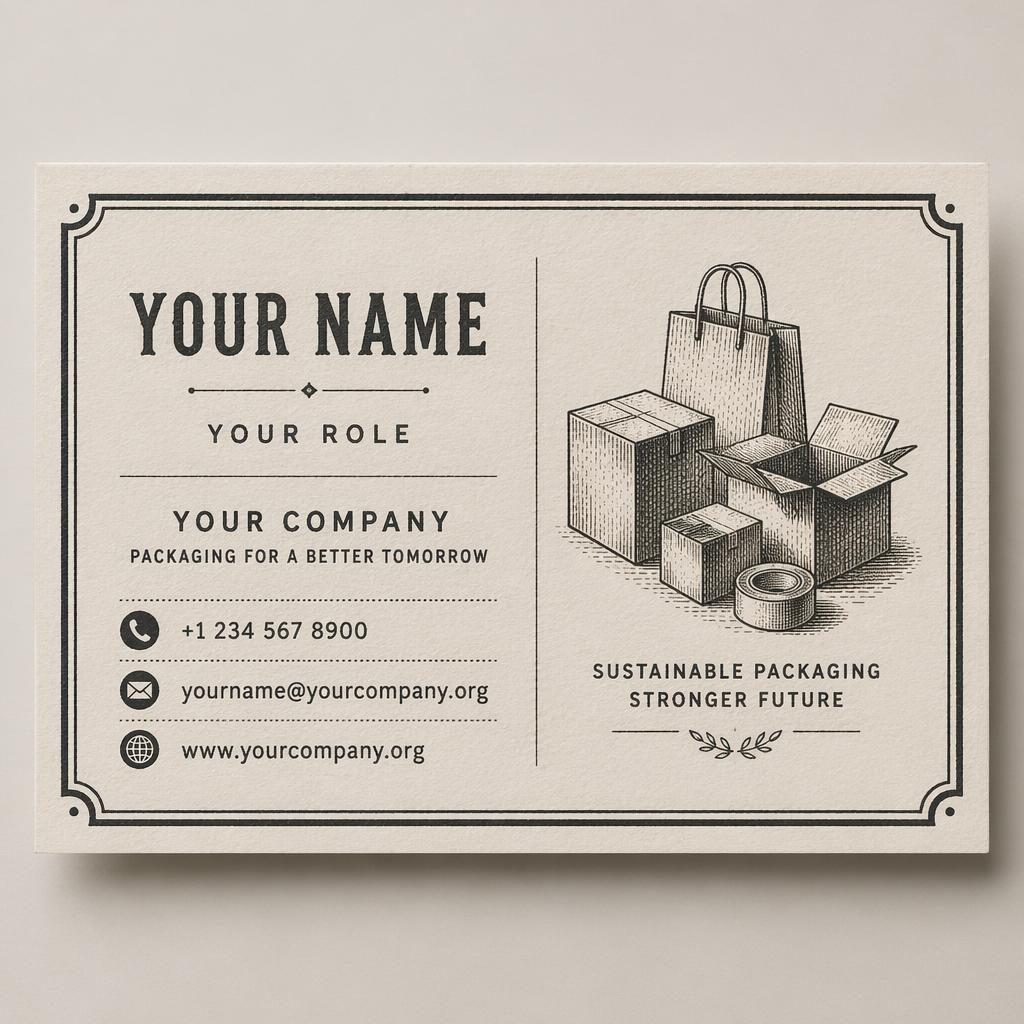 Front view of a vintage monochrome business card for packaging industry with sharp placeholder contact details.