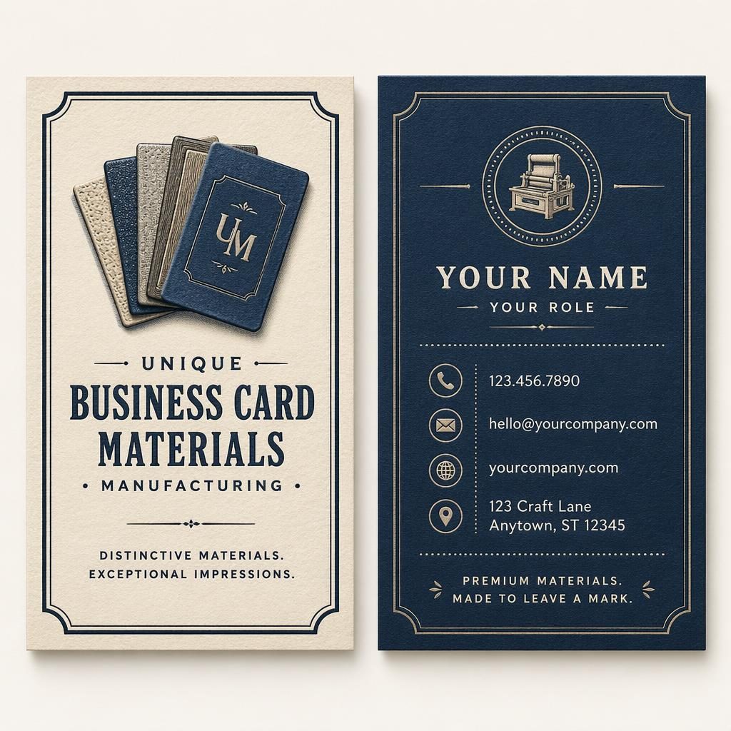Both sides of a 3.5x2 business card mockup shown side by side in navy and cream vintage letterpress style.