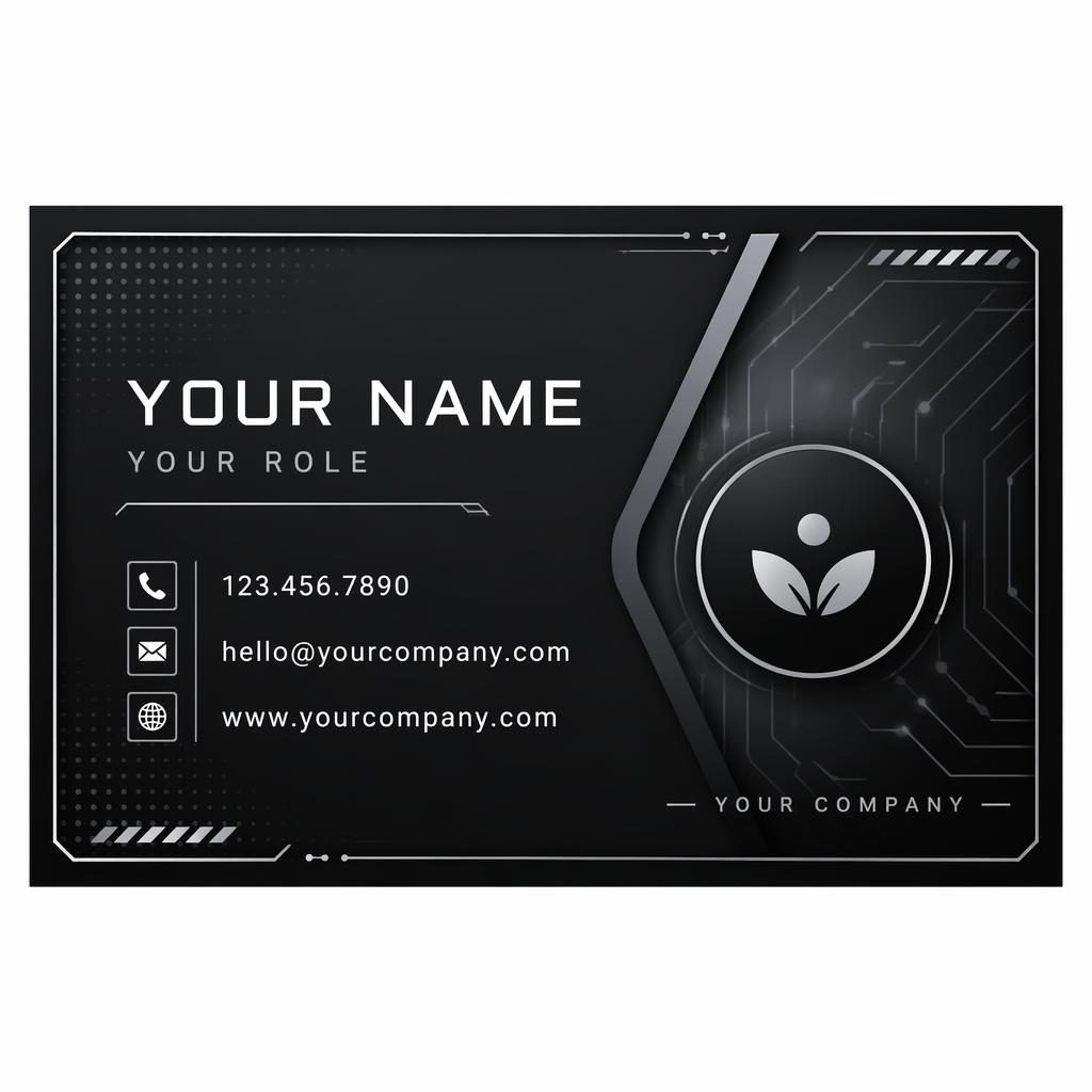 Front render of a monochrome futuristic wellness business card in Avery 28878 template format with sharp placeholder contact details.