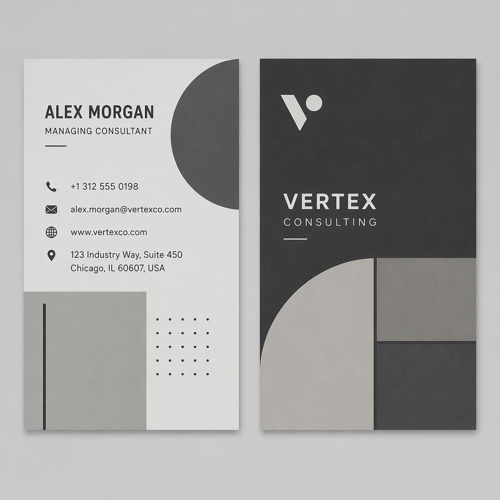 Both sides of a modern minimalist business card design shown side by side in an industrial gray Bauhaus style.
