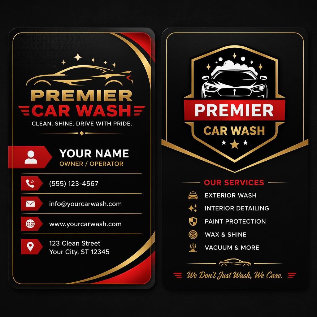 Both sides of a car wash business card design shown side by side in black, gold, red, and white with sharp placeholder text.