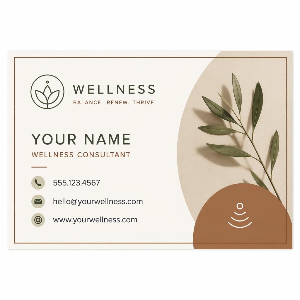 Front render of a wellness business card in Swiss style with warm earth tones, sharp placeholder contact details, and clean spacing.