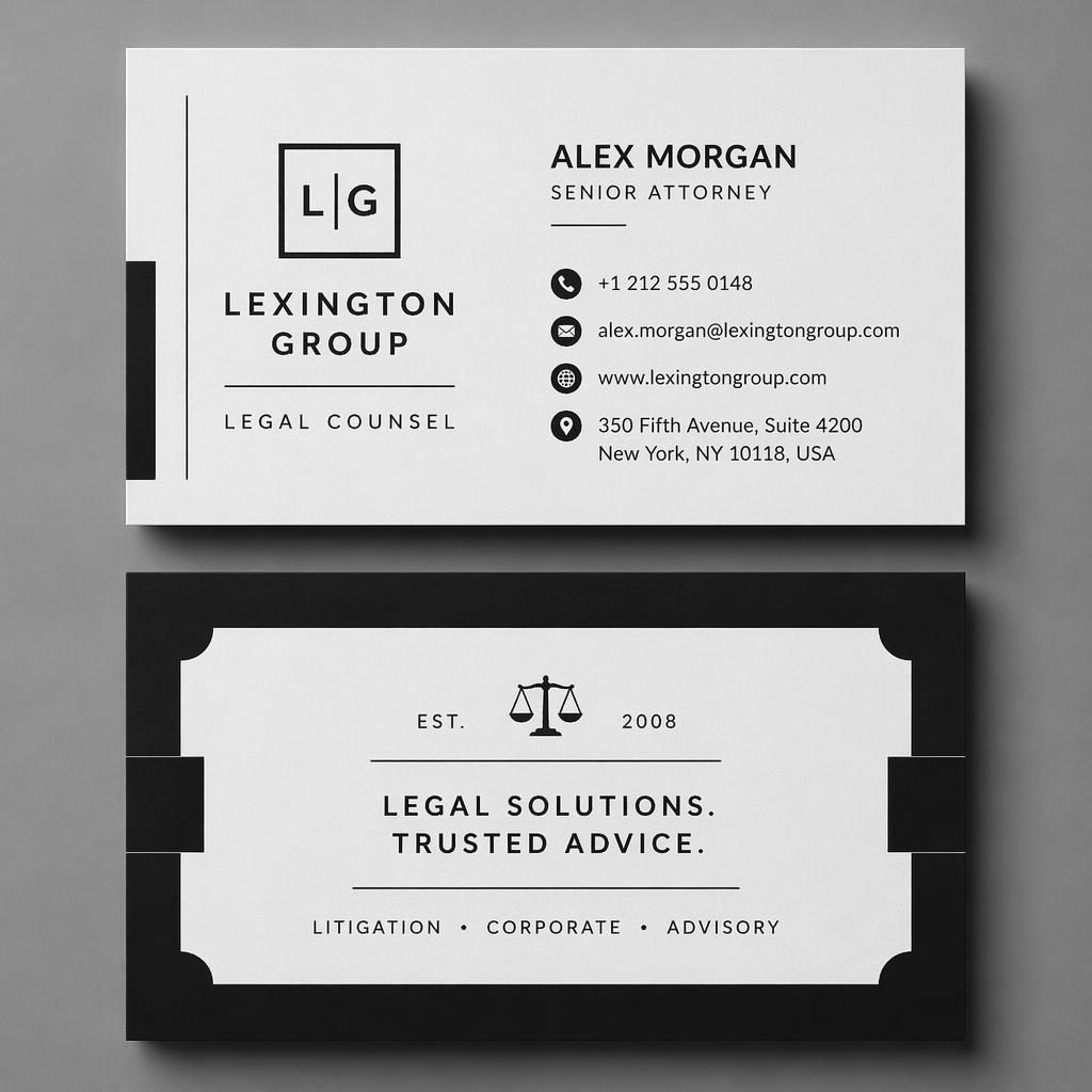 Front and back black and white visiting card design stacked in Swiss style with sharp placeholder contact details