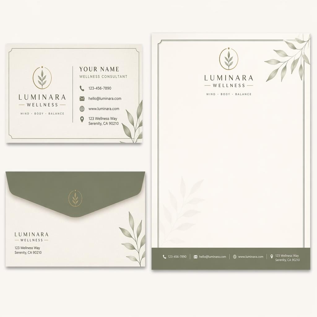 Front render of a wellness business card in sage and ivory with sharp placeholder contact details and clean balanced layout.