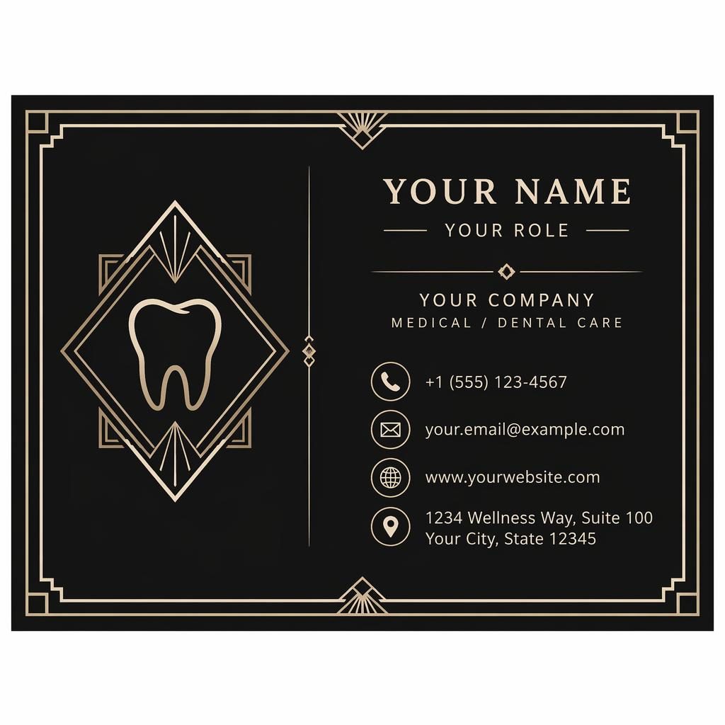 Back view of a monochrome art deco medical business card with sharp placeholder contact details and elegant spacing.