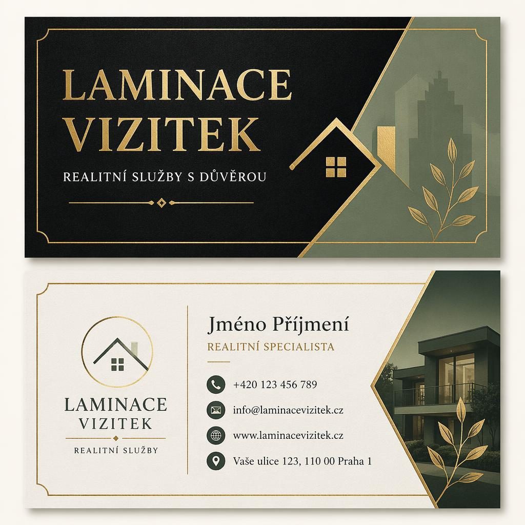 Render přední a zadní strany vizitky ve vrstveném pohledu, luxusní černá se zlatou, šalvějová a slonová kost