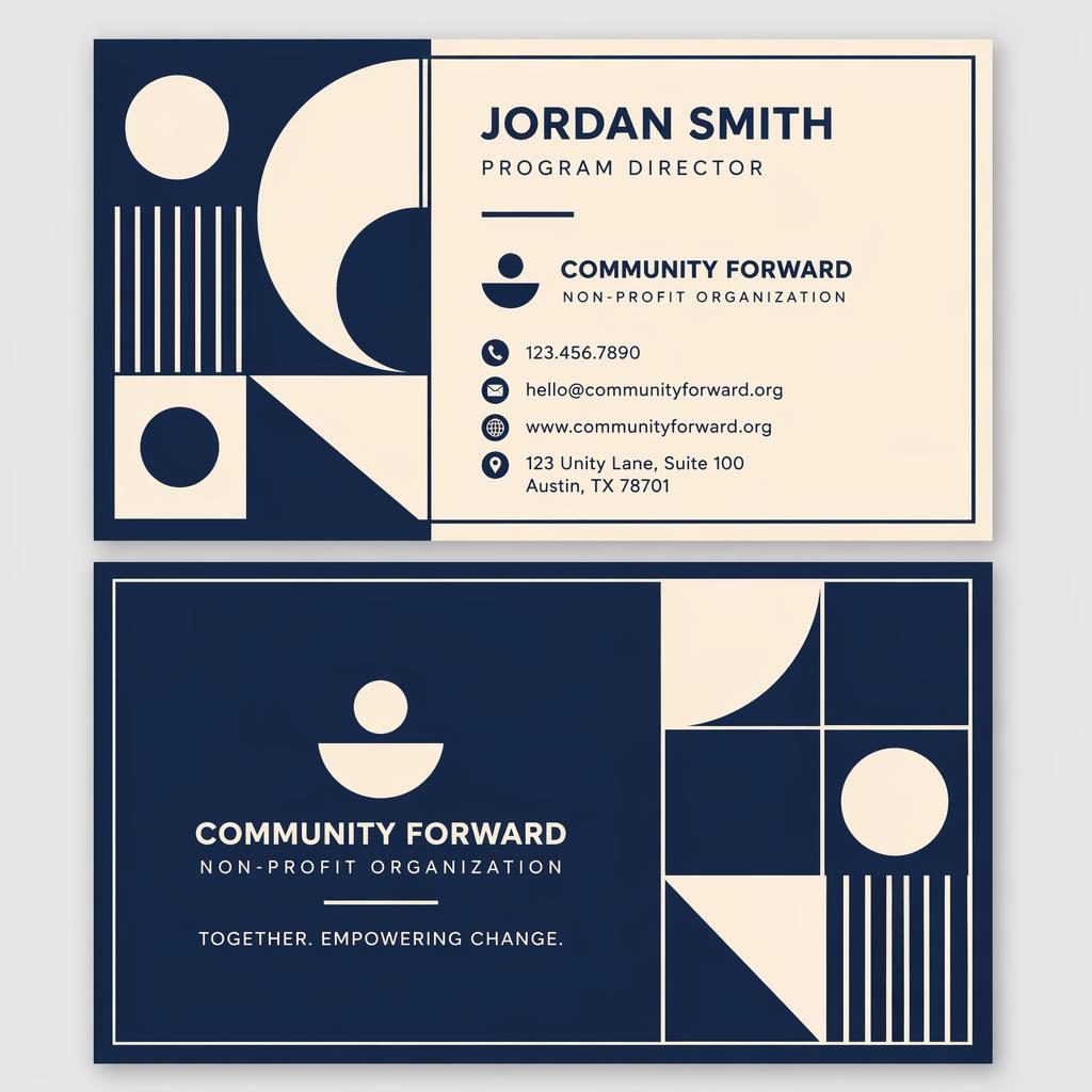 Front and back business card mockup stacked in Bauhaus style, navy and cream, with sharp placeholder contact details.